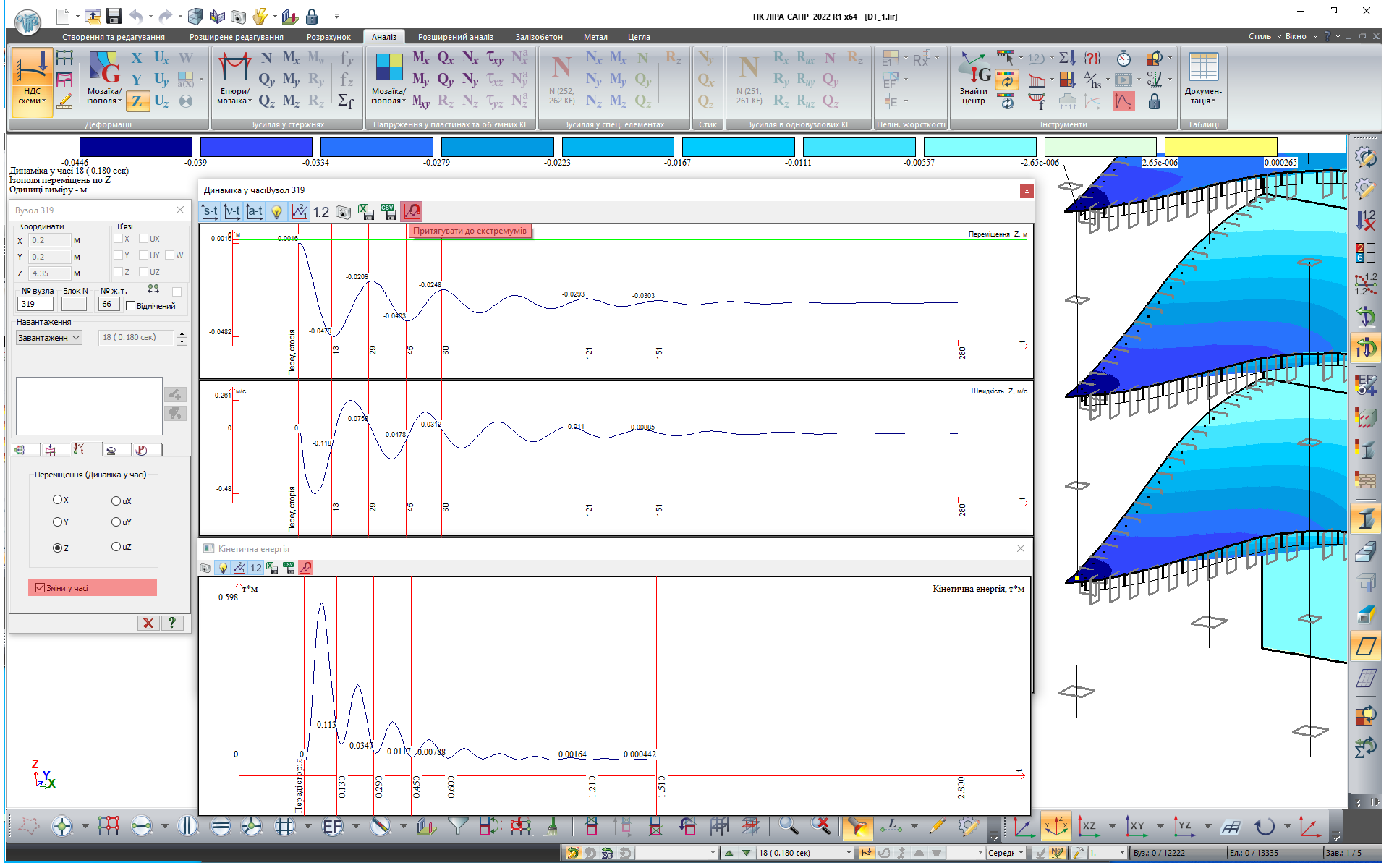 Графіки зміни переміщень у часі, команда Притягувати до екстремумів Графіки зміни переміщень у часі, команда Притягувати до екстремумів