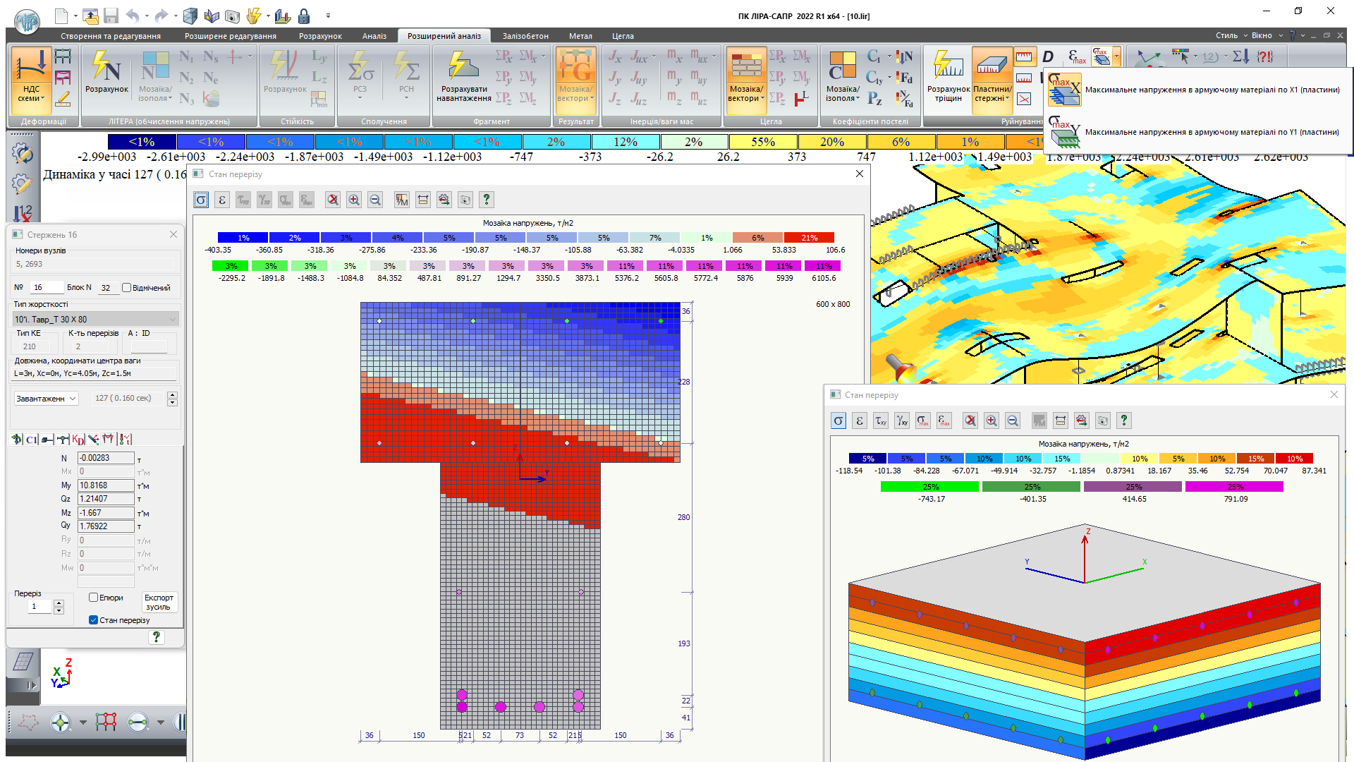 Діалогове вікно Стан перерізу. Мозаїка напружень в основному та армуючому матеріалі Діалогове вікно Стан перерізу. Мозаїка напружень в основному та армуючому матеріалі